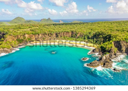 Beautiful view made with drone from sancho beach in fernando de noronha Brazil elected the most beautiful beach in the world for 3 times with a beautiful day, sky and blue sea, lots of sun and nature