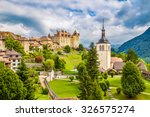 Beautiful view of the medieval town of Gruyeres, home to the world-famous Le Gruyere cheese, canton of Fribourg, Switzerland