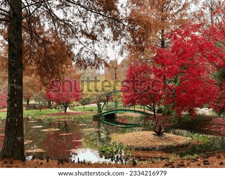 A beautiful view of the Monet bridge in Gibbs Gardens in autumn, Cherokee County, Georgia.