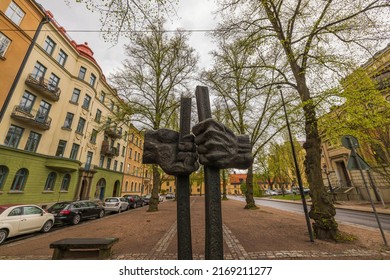 Beautiful view of monument symbolizing liberation and devoted to Martin Luther King Europe. Sweden. Uppsala. 05.14.2022.