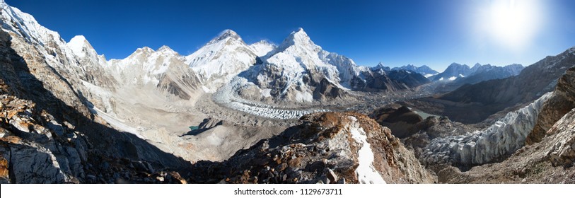 Beautiful view of mount Everest, Lhotse and nuptse from Pumo Ri base camp - way to Everest base camp - Nepal Himalayas mountains