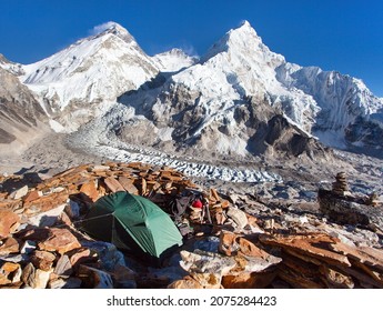 Beautiful View Of Mount Everest, Lhotse And Nuptse From Pumo Ri Base Camp With Green Tent - Way To Everest Base Camp - Sagarmatha National Park - Nepal