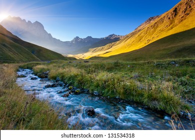 Beautiful view of mountain river in summer. Juta village - foot of Mt Chaukhebi. Georgia, Europe. Caucasus mountains. Beauty world. - Shutterstock ID 131534318