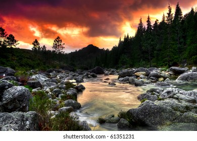 Beautiful View Of A Mountain River At Sunset