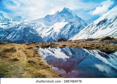 Beautiful view of nature on a trekking trail to the Annapurna base camp, the Himalayas, Nepal. Himalayas mountain landscape in the Annapurna region. Annapurna base camp trek
