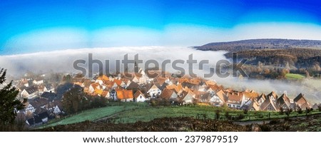 Beautiful view near town of Schieder-Schwalenberg in the state of North Rhine-Westphalia in Germany, landscape with fog