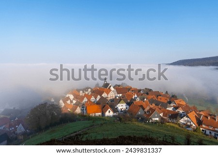  Beautiful view near town of Schieder-Schwalenberg in the state of North Rhine-Westphalia in Germany, landscape with fog