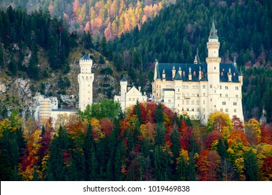 Beautiful view of the Neuschwanstein castle in autumn in Bavaria, Germany