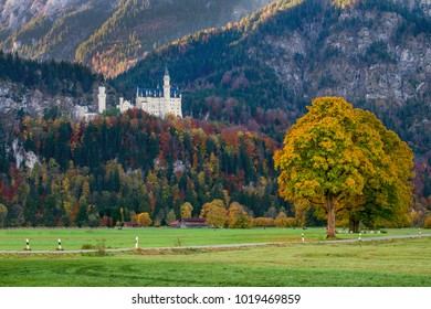 Beautiful view of the Neuschwanstein castle in autumn in Bavaria, Germany