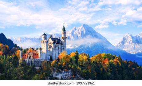 Beautiful view of Neuschwanstein castle in the Bavarian Alps, Germany.