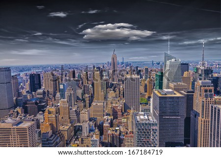 Skyline of Manhattan at night with skyscrapers lights