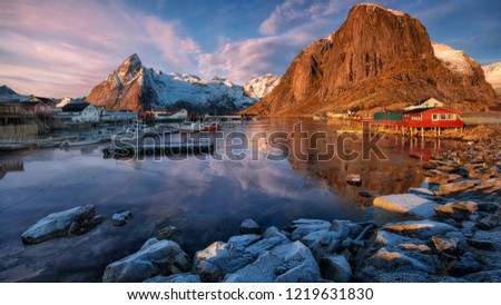 Similar – Image, Stock Photo Reinevagen-gulf + Reinehalsen-isthmus + Reinebringen-mount. 0341