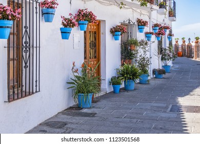 Beautiful view of old Mijas Calle Moro (Moro Street). Mijas (not far from Malaga) - Spanish hill town overlooking the Costa del Sol, known for its white-washed buildings. Mijas, Andalusia, Spain.