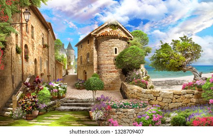 beautiful view from the old street overlooking the sea. Trees, flowers, sunny day.  Digital collage, mural and mural. Wallpaper. Poster design. Modular panel. 3d render