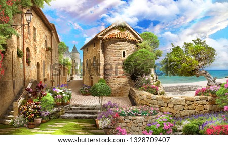 beautiful view from the old street overlooking the sea. Trees, flowers, sunny day.  Digital collage, mural and mural. Wallpaper. Poster design. Modular panel. 3d render