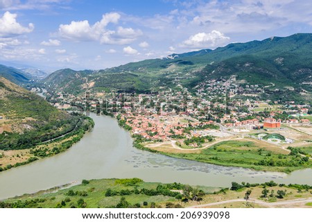 Beautiful view of the old town of Mtskheta in Georgia. First capital of Georgia and a UNESCO World Heritage site