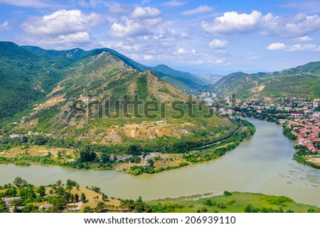 Beautiful view of the old town of Mtskheta in Georgia. First capital of Georgia and a UNESCO World Heritage site