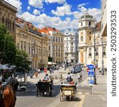 Beautiful View of the old town square Freyung from Heidenschuss. Freyung public square in Vienna. Capital of Austria, Vienna                          