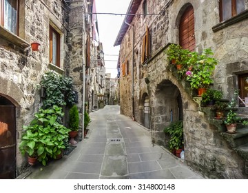 Beautiful view of old traditional houses and idyllic alleyway in the historic town of Vitorchiano, province of Viterbo, Lazio, Italy