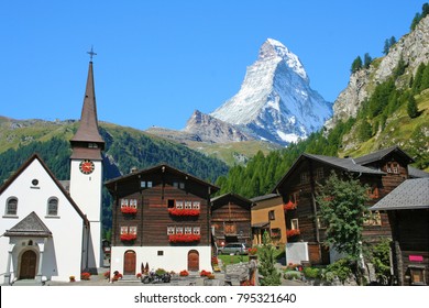 Beautiful view of old village with Matterhorn peak background in Zermatt, Switzerland