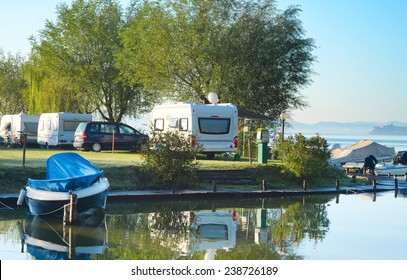 Beautiful view on camping site in the morning light. Italy