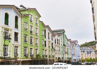 A Beautiful View On Colourful Pastel Buildings In Vozdvyzhenska Street, Podil District, Kyiv In Early Autumn. Kyiv Cityscape. Space For Text. 