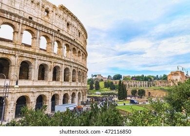 Beautiful View On The Great Roman Colosseum ( Coliseum, Colosseo ),also Known As The Flavian Amphitheatre And Roman Forum. Famous World Landmarks. Scenic Urban Landscape, Rome. Italy. Europe