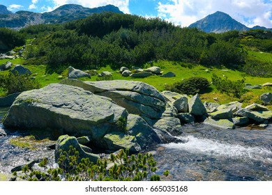 Beautiful View On The High Green Mountains Peaks And A Mountain River, Blue Sky Background. Mountain Hiking Paradise Landscape, A Stream Flows Down The Rocks, No People.