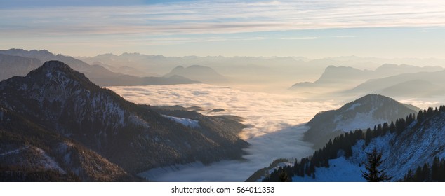 Beautiful view on low clouds from Hochries mountain near Rosenheim, Bavaria, Germany