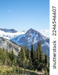 beautiful view on mountain peaks from hiking trail at Blackcomb mountain next to Whistler, British Columbia, Canada