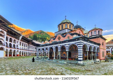Beautiful view of the Orthodox Rila Monastery, a famous tourist attraction and cultural heritage monument in the Rila Nature Park mountains in Bulgaria
