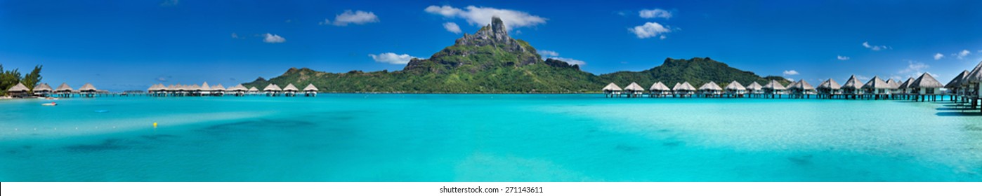 Beautiful view of Otemanu mountain on Bora Bora island. Wide panorama perfect fpr banner