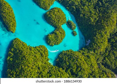 Beautiful View Of Palau Tropical Islands And Pacific Ocean From Above. Milky Way In Palau Island.