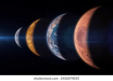 Beautiful view of the planets Mercury, Venus, Earth and Mars from space. Terrestrial planets. Planetary alignment or “planetary parade.” Elements of this image furnished by NASA. 