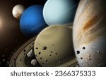Beautiful view of the planets Saturn, Jupiter, Uranus, Neptune, Pluto and Sun. Solar system planets: Saturn, Jupiter, Uranus, Neptune - Gas Giant planets. Elements of this image furnished by NASA. 