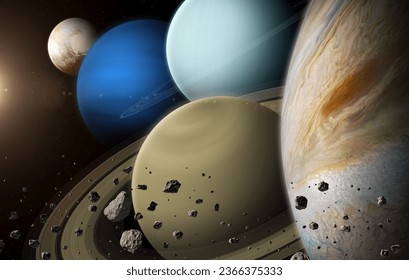 Beautiful view of the planets Saturn, Jupiter, Uranus, Neptune, Pluto and Sun. Solar system planets: Saturn, Jupiter, Uranus, Neptune - Gas Giant planets. Elements of this image furnished by NASA. 