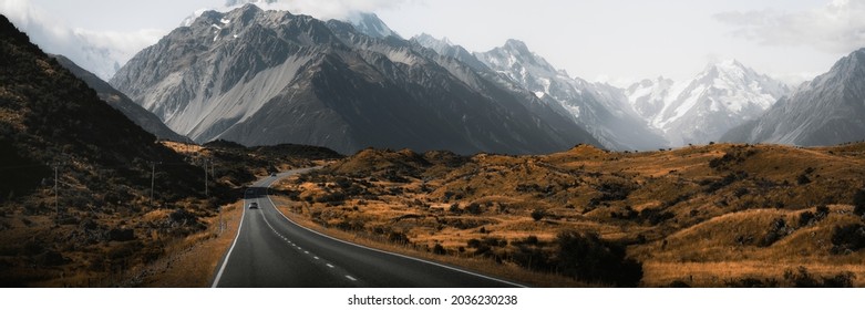 Beautiful view of a road leading to Mount Cook, New Zealand banner