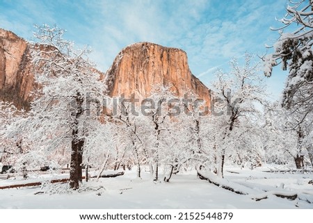 A beautiful view of rocky cliffs with snow trees ground against a cloudy blue sky in Yosemite National Park in California, USA
