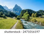 Beautiful view of Rosenlaui with wellhorn swiss alps and Reichenbach river in summer on sunny day at Canton of Bern, Switzerland