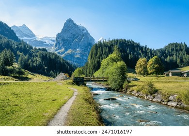 Beautiful view of Rosenlaui with wellhorn swiss alps and Reichenbach river in summer on sunny day at Canton of Bern, Switzerland - Powered by Shutterstock