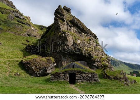 Beautiful view of the Rutshellir Caves, the ancient habitations in the rock also call Cave of Rútur, in Iceland 
