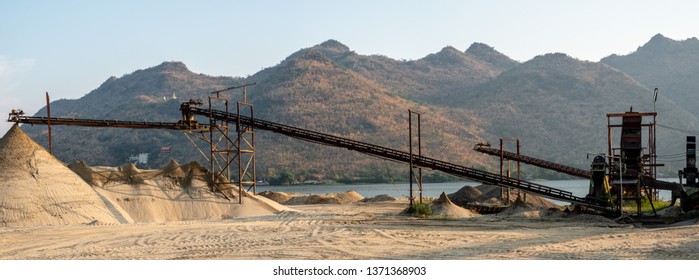 Beautiful View Of Sand Mine And Mountain Background.