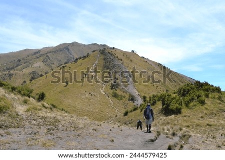 Beautiful view of the savanna of Mount Merbabu, Central Java, Indonesia. Background Image of several people seen above 2500 meters above sea level