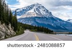 Beautiful view of Scenery Icefields Parkway, snow capped mountains, between Banff and Jasper National Parks, Alberta, Canada