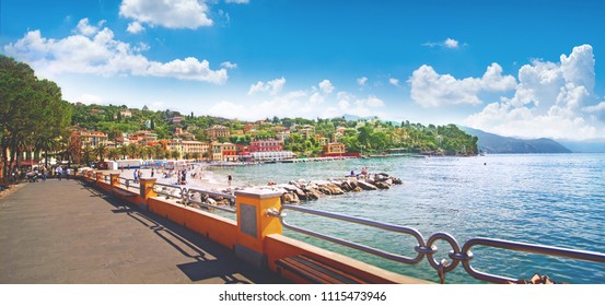 beautiful view of the sea embankment with yachts, rocky coast in the city of Santa Margarita, Italy, panorama - Shutterstock ID 1115473946