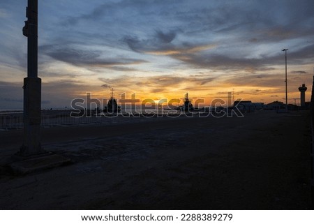 Beautiful view of sea port of Oranjestad, Aruba on sunset. 