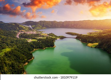 Beautiful view of Seven Cities Lake "Lagoa das Sete Cidades" from Vista do Rei viewpoint in São Miguel Island, Azores, Portugal. Lagoon of the Seven Cities, Sao Miguel island, Azores, Portugal. - Shutterstock ID 1810979119