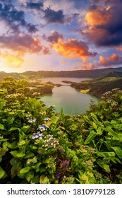 Beautiful view of Seven Cities Lake "Lagoa das Sete Cidades" from Vista do Rei viewpoint in São Miguel Island, Azores, Portugal. Lagoon of the Seven Cities, Sao Miguel island, Azores, Portugal. - Shutterstock ID 1810979128