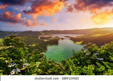 Beautiful view of Seven Cities Lake "Lagoa das Sete Cidades" from Vista do Rei viewpoint in São Miguel Island, Azores, Portugal. Lagoon of the Seven Cities, Sao Miguel island, Azores, Portugal. - Shutterstock ID 1889154583
