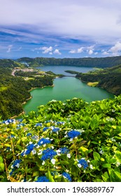 Beautiful view of Seven Cities Lake "Lagoa das Sete Cidades" from Vista do Rei viewpoint in São Miguel Island, Azores, Portugal. Lagoon of the Seven Cities, Sao Miguel island, Azores, Portugal.